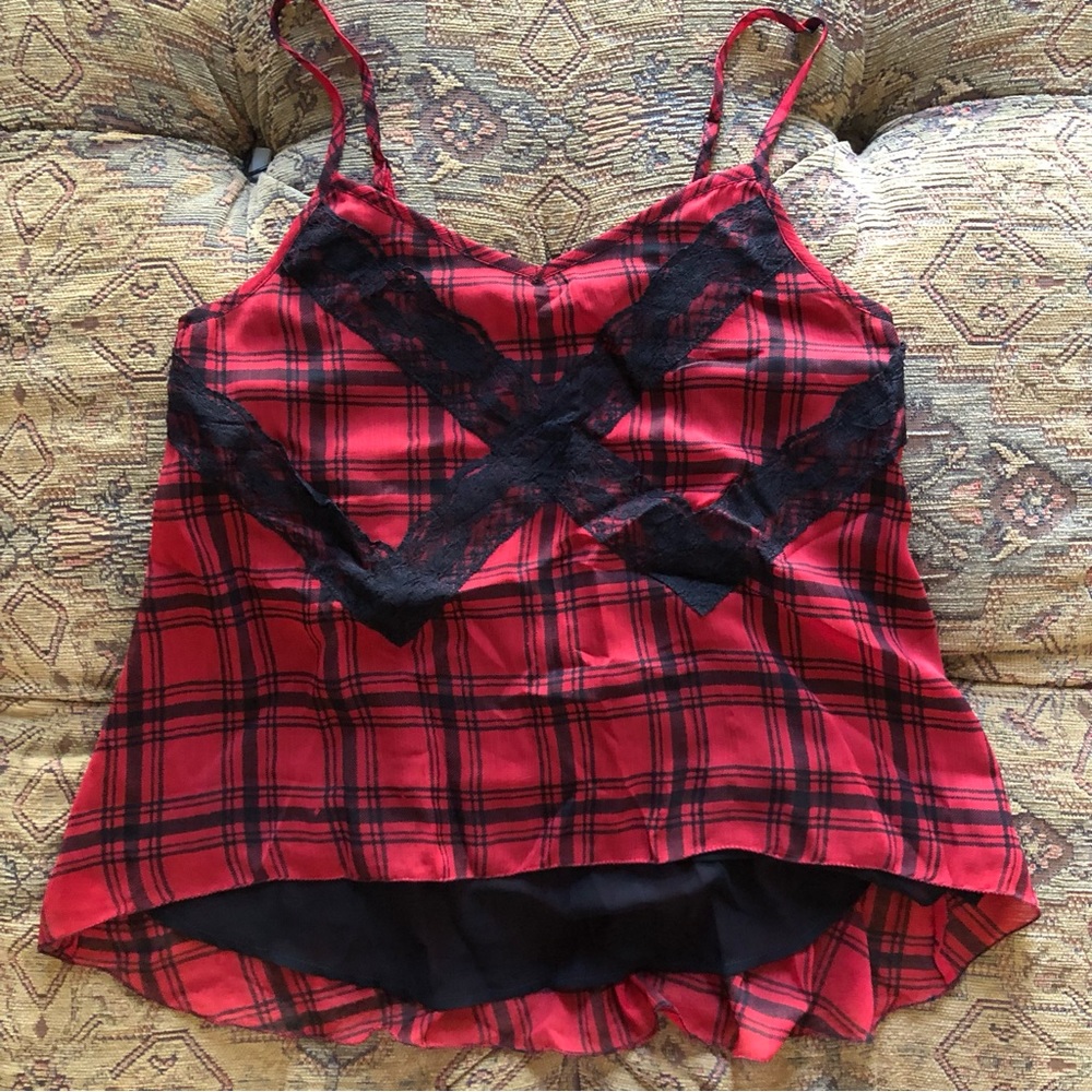 Ralph Lauren Denim & Supply Red Plaid Tank Top High-Low Lace Size Small